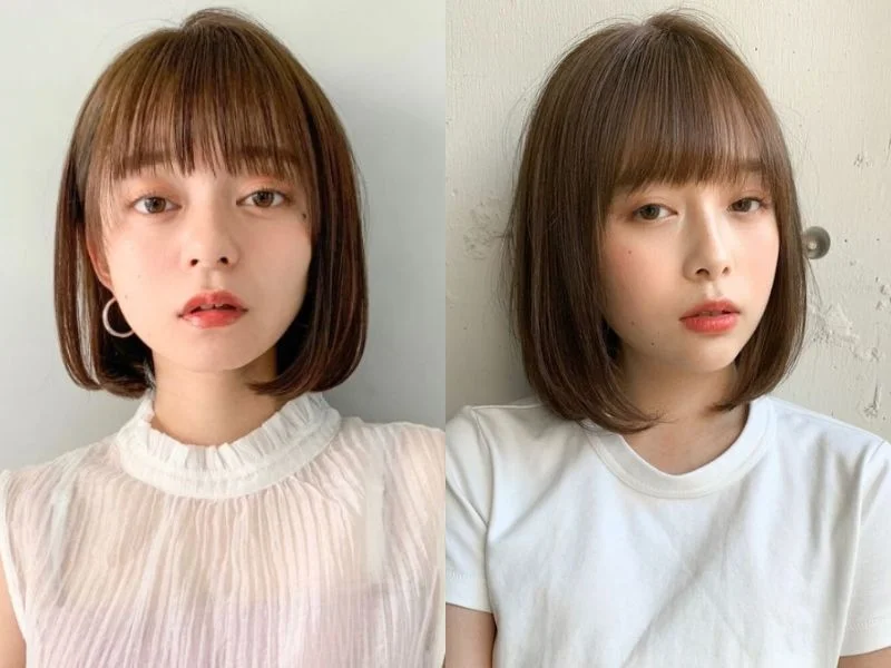 Tóc ngắn mái thưa duỗi cúp