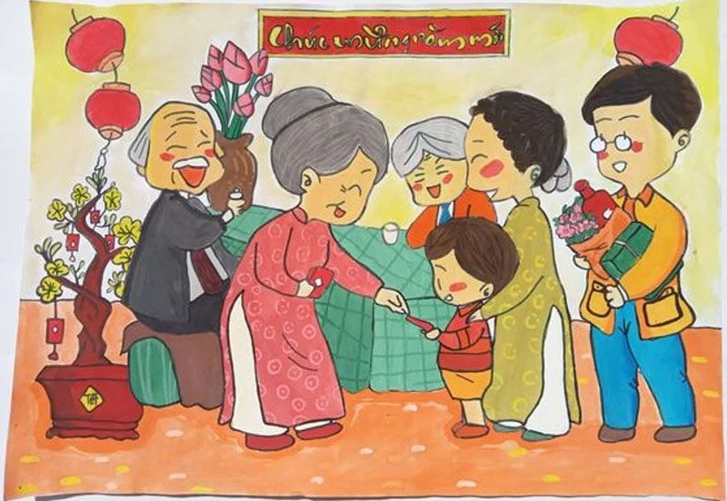 86 tranh Tết đẹp, chủ đề vẽ tranh ngày Tết ý nghĩa cho bé (2)