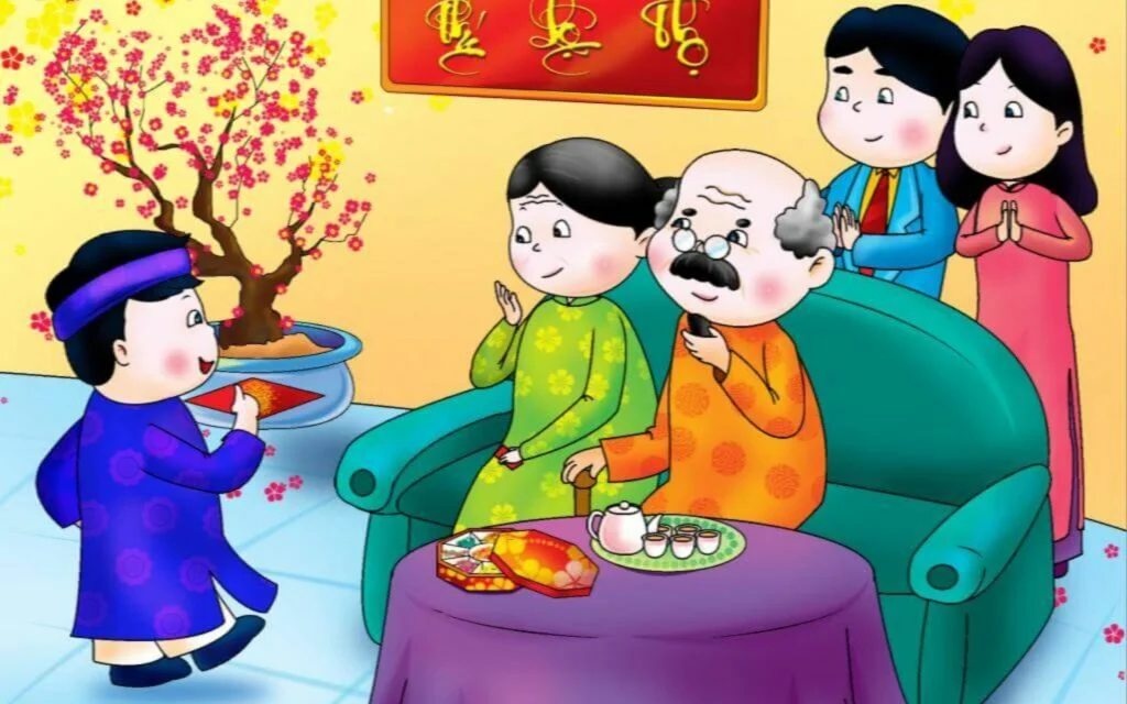 Các bé mặc áo dài tươi cười chúc Tết ba mẹ ông bà