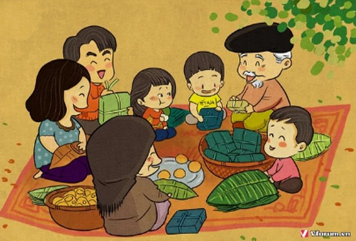 Gia đình cùng nhau gói bánh chưng ngày Tết