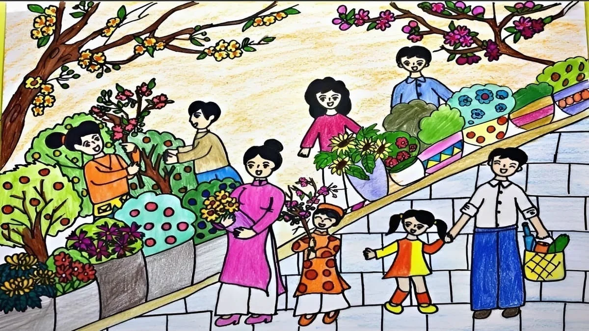 mẫu Vẽ tranh ngày Tết và mùa xuân rộn ràng