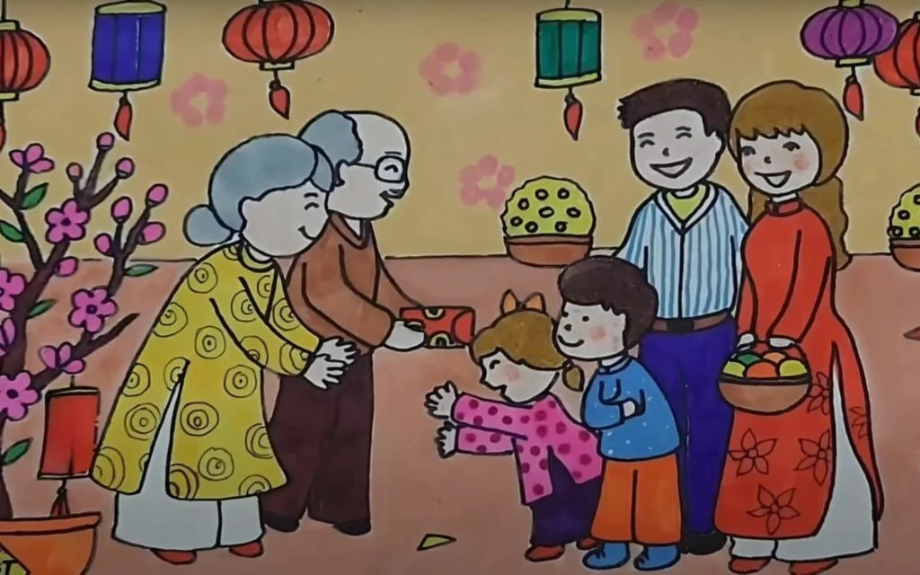Ông bà trao lì xì chúc Tết, con cháu hân hoan cảm ơn