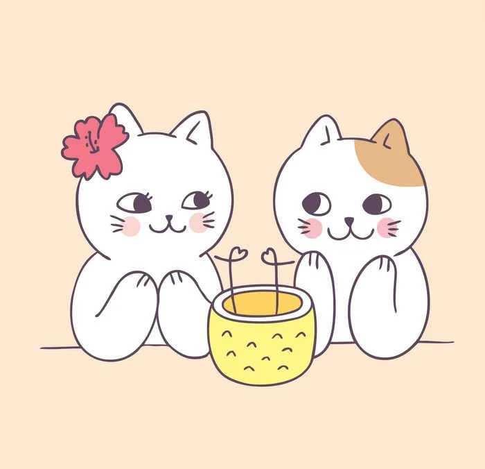 Hai chú mèo cute đang ngồi cạnh giỏ hoa