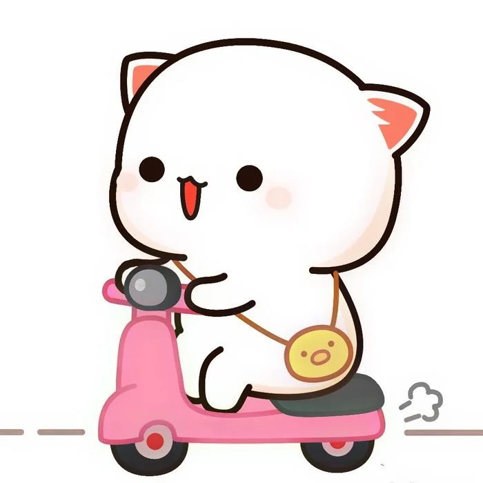 Chú mèo cute màu trắng đang lái xe scooter màu hồng