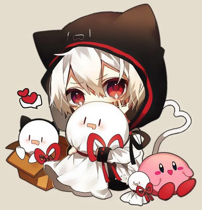 Hình ảnh mèo cute phong cách anime với nhân vật nhỏ và Kirby