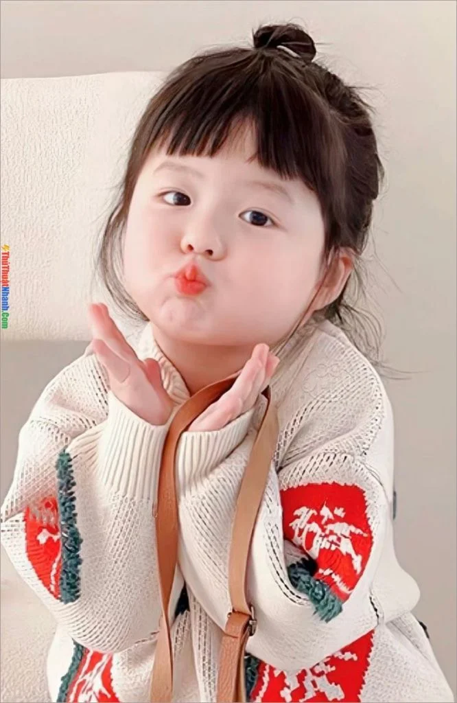 Ảnh dễ thương của bé gái chu môi tạo dáng đáng yêu trong chiếc áo len trắng họa tiết đỏ