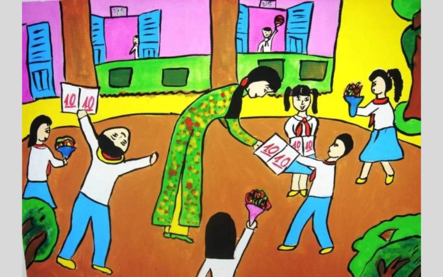 Học sinh vui mừng bên thầy cô
