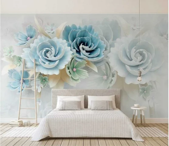 Tranh dán tường 3d họa tiết hoa xanh trang trí phòng ngủ sang trọng