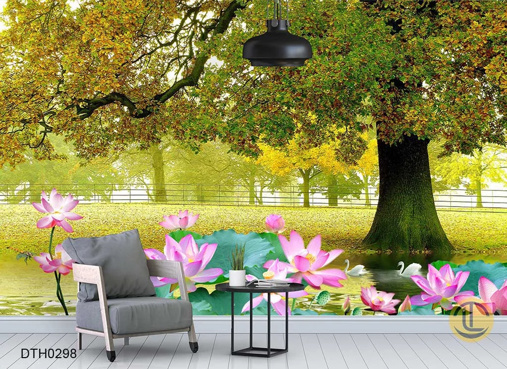 Tranh dán tường 3D phong cảnh đầm sen và cây xanh cho phòng khách