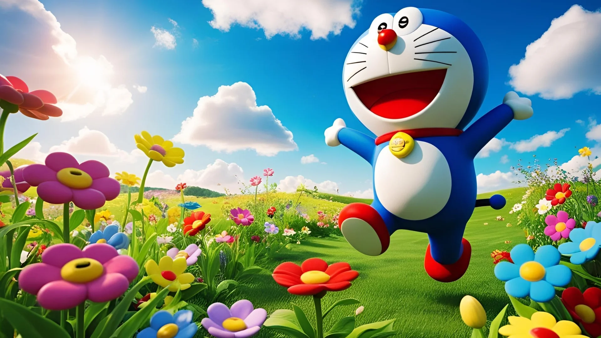 Hình nền đẹp 3D mèo máy Doraemon đáng yêu chạy vui vẻ trên thảm hoa nhiều màu dưới bầu trời xanh, phong cách 3D sống động