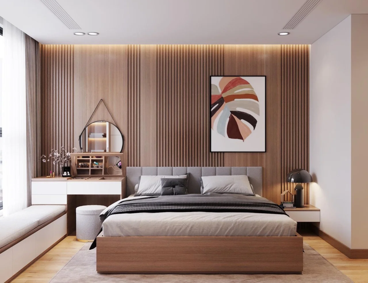 Thiết kế decor phòng ngủ hiện đại với vách gỗ và nội thất tinh tế