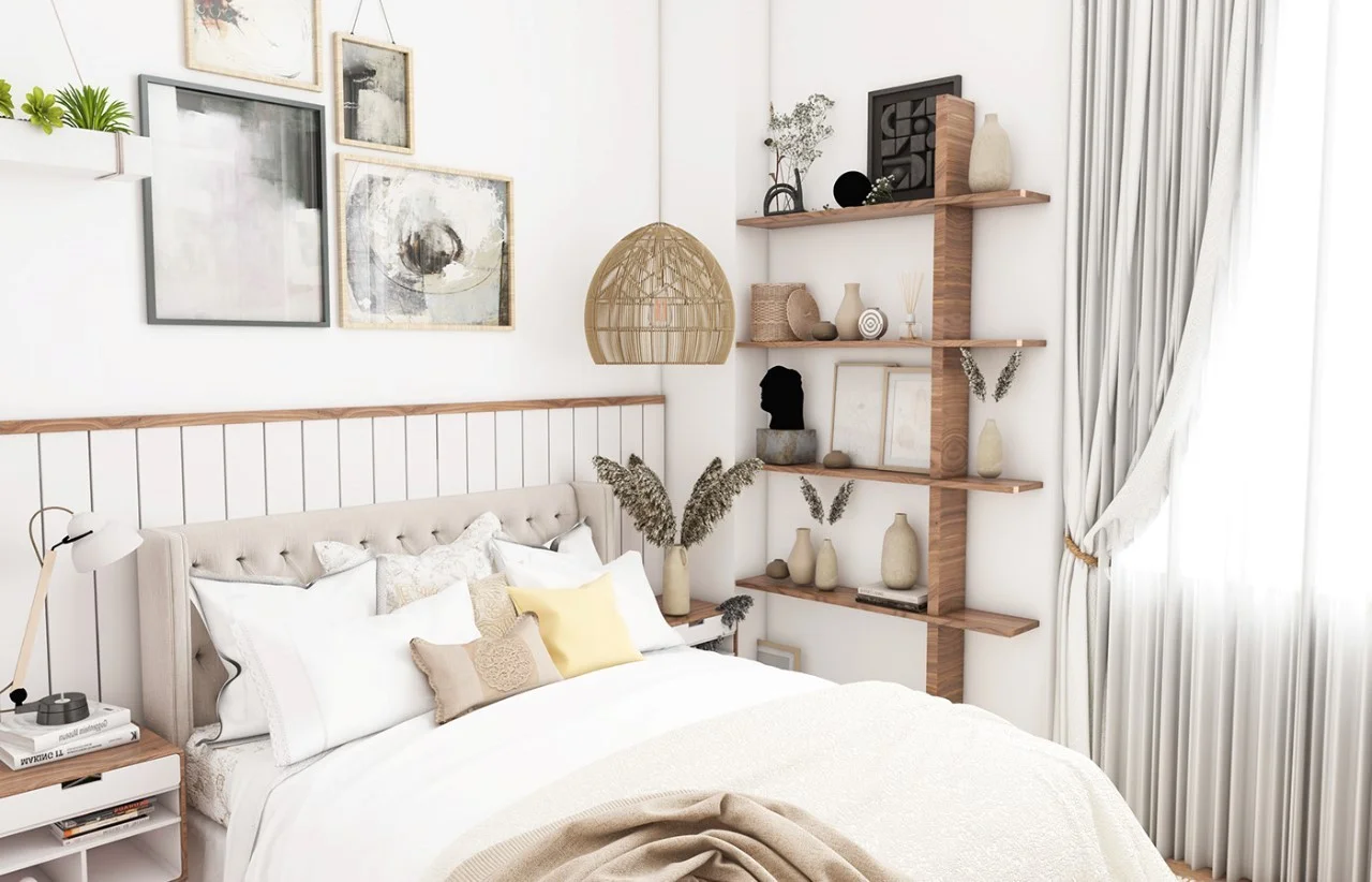 Ý tưởng decor phòng ngủ hiện đại với kệ gỗ và tông màu trung tính sang trọng