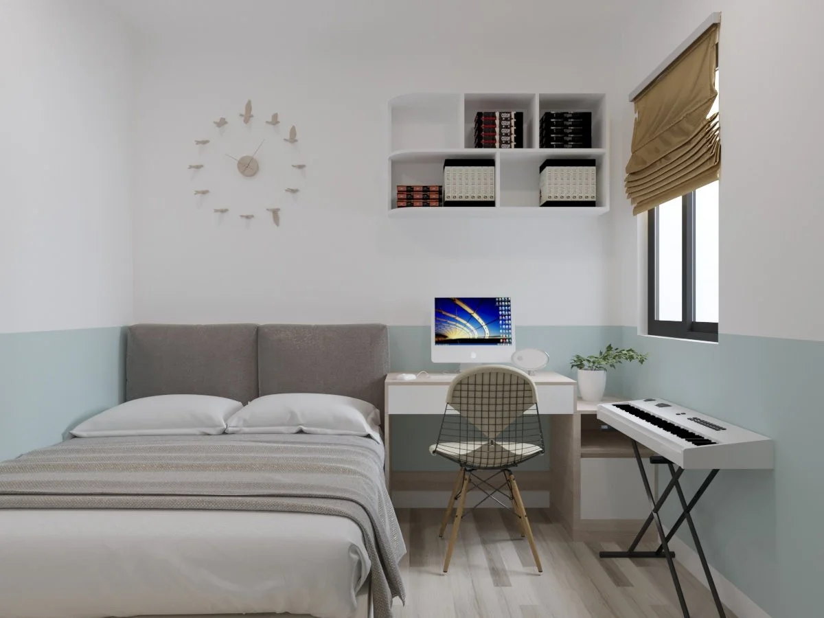 Phòng ngủ decor kết hợp bàn làm việc và đàn piano