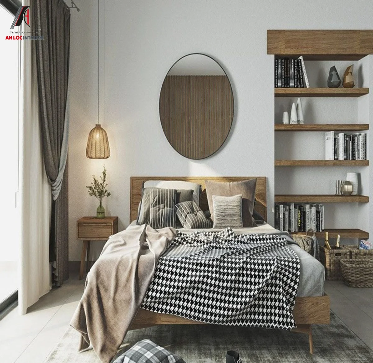 Thiết kế decor phòng ngủ hiện đại với nội thất gỗ và kệ sách trang trí đẹp mắt