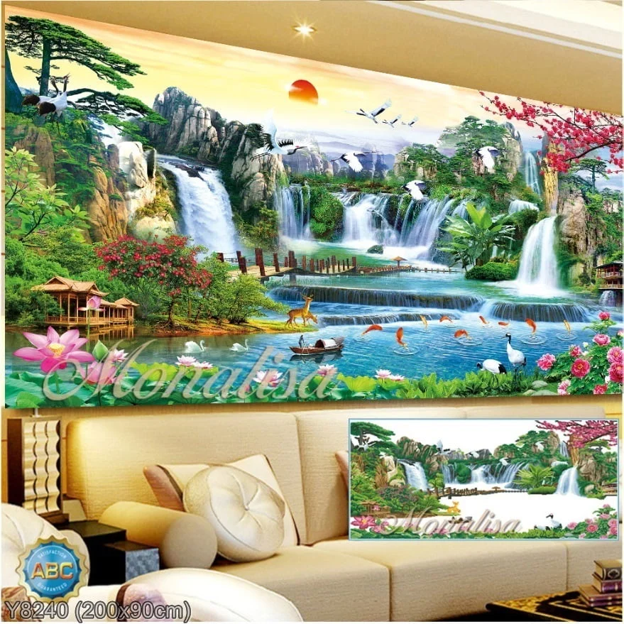 Tranh đính đá phong cảnh thác nước treo phòng khách