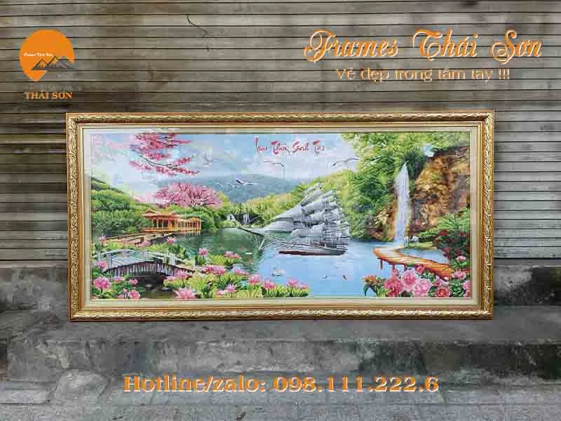 Tranh đính đá phong cảnh thuyền buồm thuận buồm xuôi gió trang trí nội thất sang trọng