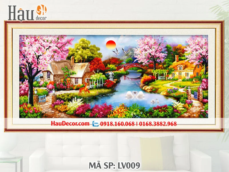Tranh đính đá phong cảnh thiên nhiên đẹp mắt với hoa anh đào và dòng sông