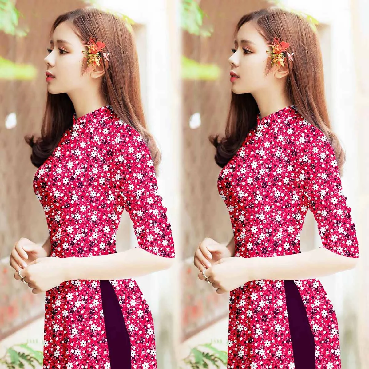 Người phụ nữ mặc mẫu áo dài đẹp với họa tiết hoa đỏ trắng tinh tế